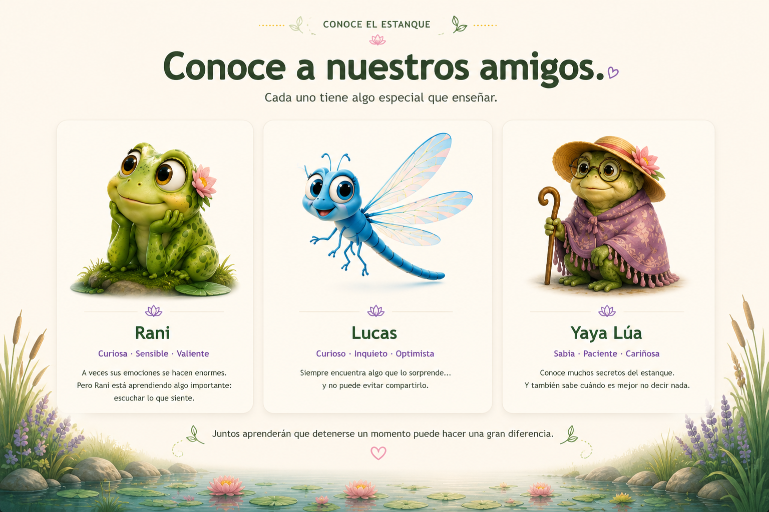 Rani, Lucas y Yaya Lúa, personajes del Estanque de Rani.